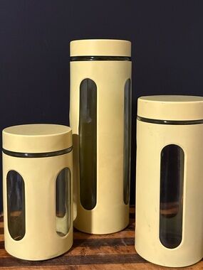 Vintage Yellow Canister Set Mid Century Modern Kitchen Storage Retro Mod 3 Piece